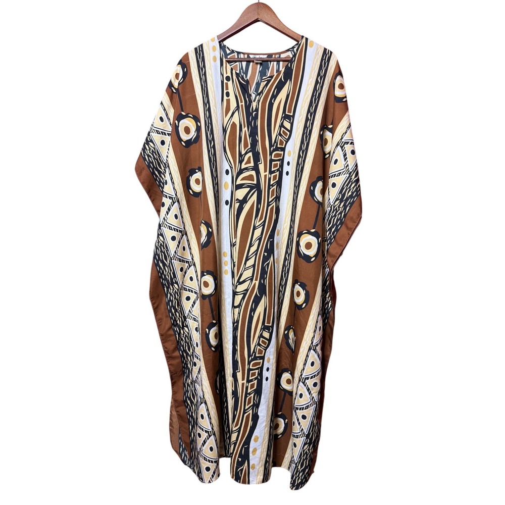 Winlar Kaftan Women One Size Brown Tribal Geometric Abstract Oversize Maxi Dress